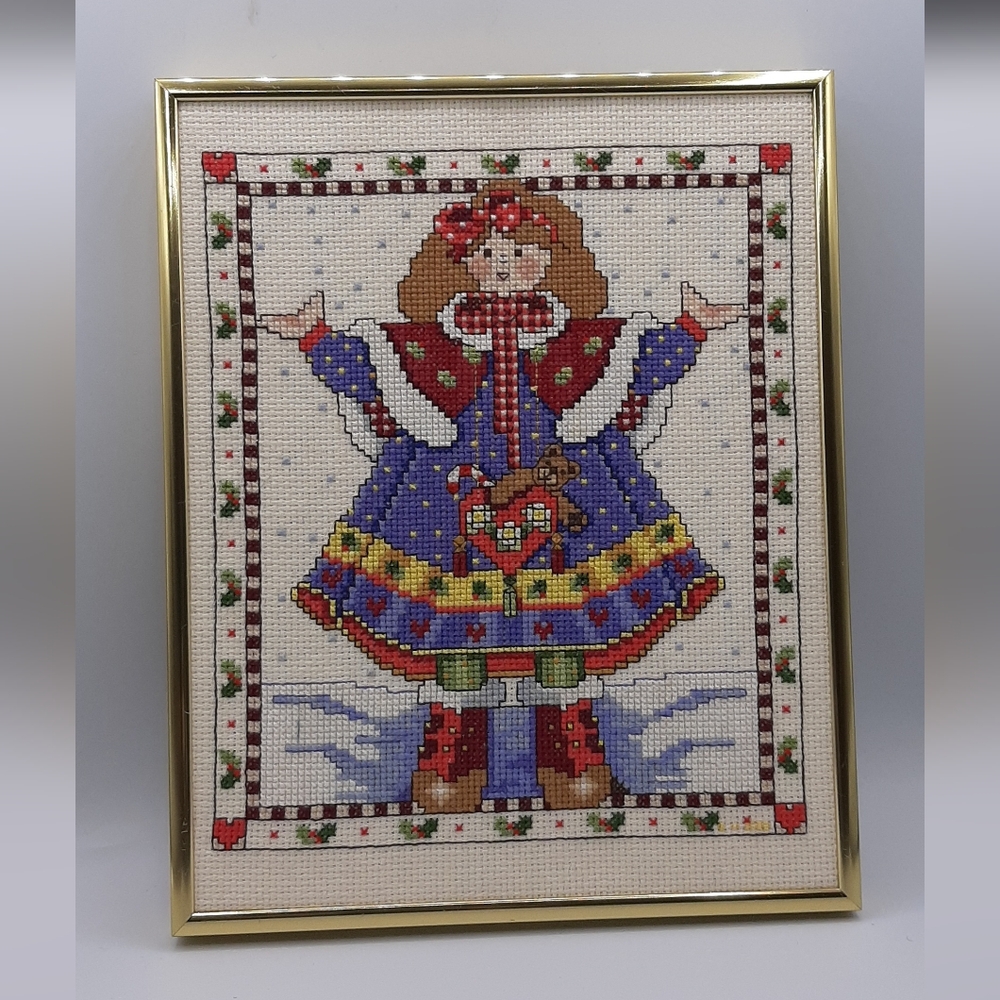 Vintage Christmas Cross Stitch Little Girl Dressed Up & Out in The Snow Framed